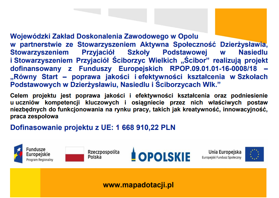 Projekt nr RPOP.09.01.01-16-0008/18 – „Równy Start – poprawa jakości i efektywności kształcenia w Szkołach Podstawowych w Dzierżysławiu, Nasiedlu i Ściborzycach Wlk.”