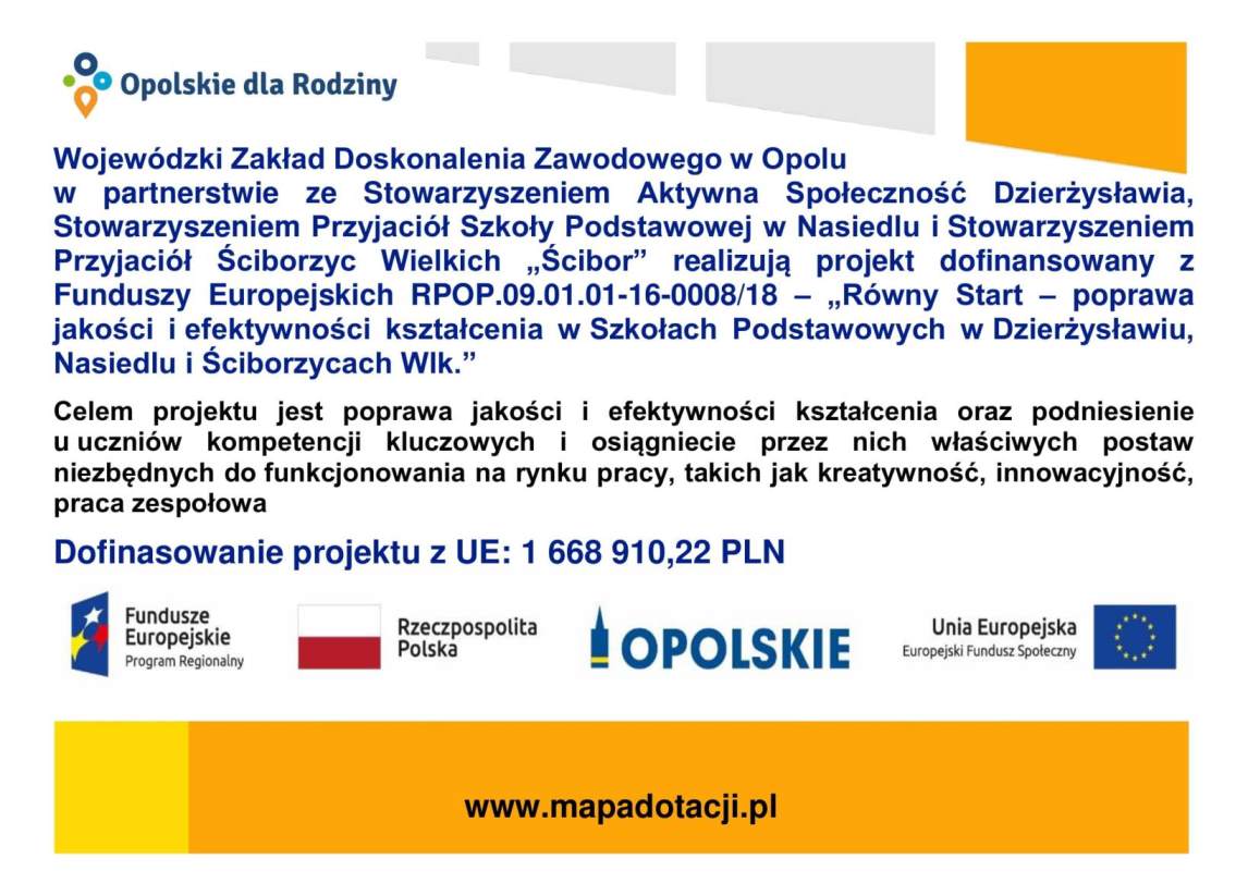 Projekt nr RPOP.09.01.01-16-0008/18 – „Równy Start – poprawa jakości i efektywności kształcenia w Szkołach Podstawowych w Dzierżysławiu, Nasiedlu i Ściborzycach Wlk.”